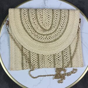 Anthropologie Style Two Tone Stripe Pattern Straw Clutch Metal Chain Crossbody